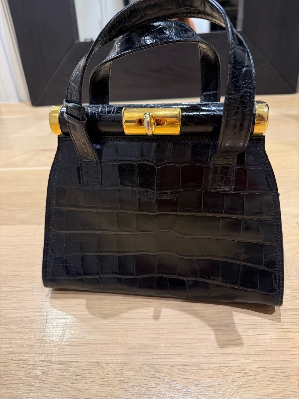Black Croc-Embossed Mini Top-Handle Bag with Gold-Tone Hardware